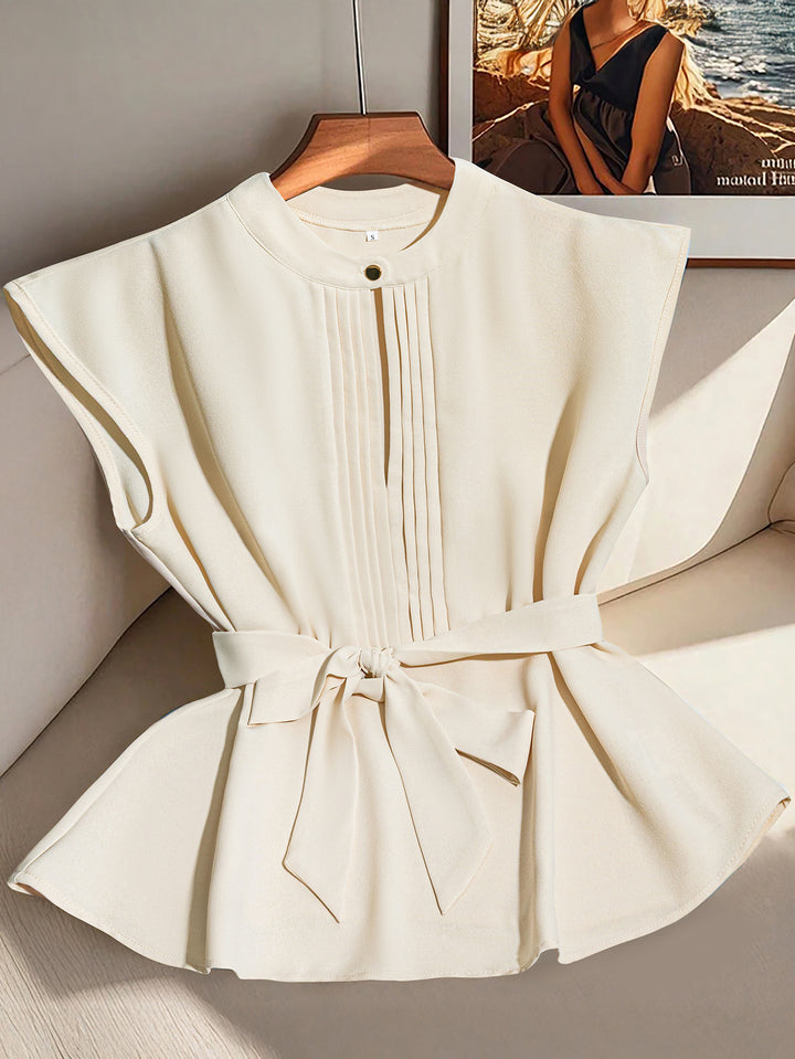 Off White Sleeveless Front Pleated Belted Top
