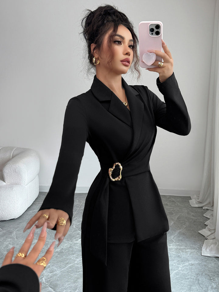 Black Full Sleeve Belted Detail Top And Pant Set