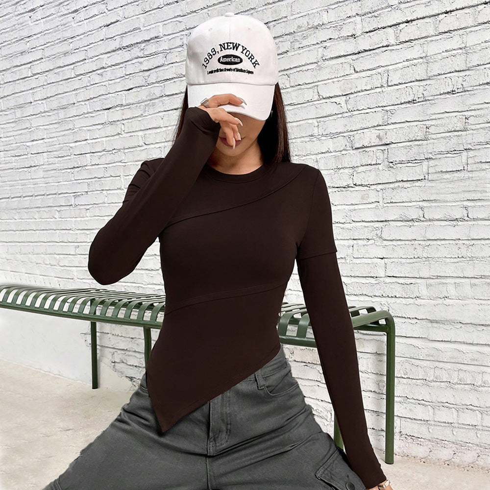 Brown Full Sleeve Fitted Top With Asymmetric Top