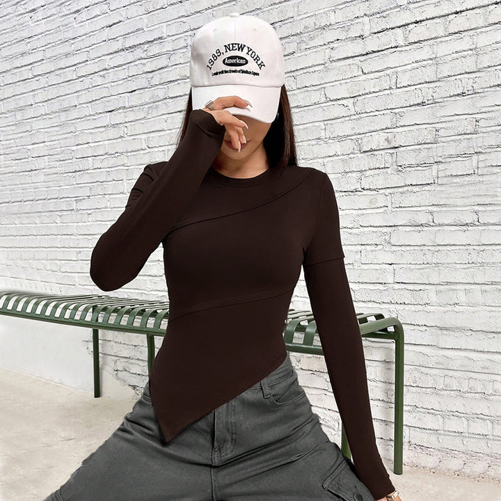 Brown Full Sleeve Fitted Top With Asymmetric Top