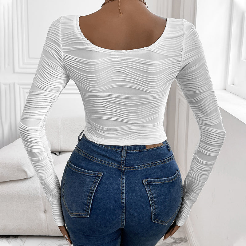 White Textured Apple Hem Knit Top