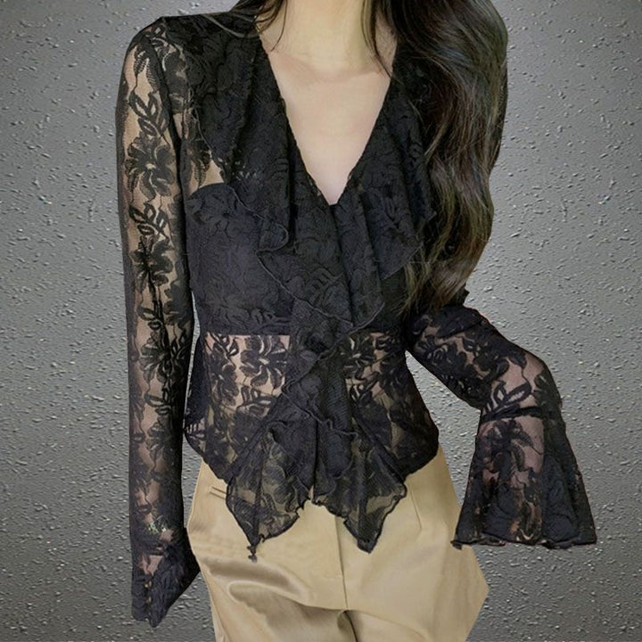 Black Lace Ruffle Top