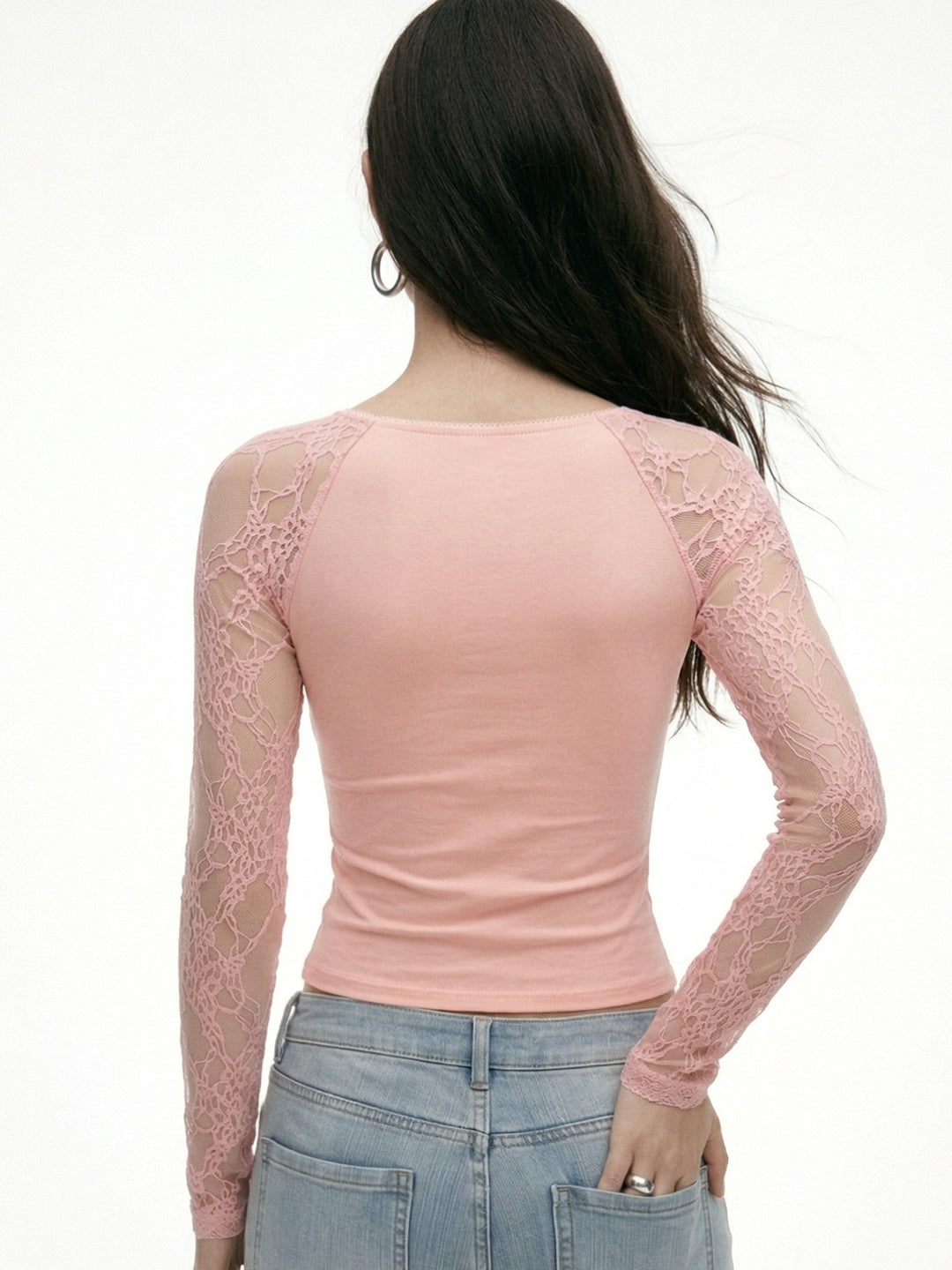 Pink Lace Sleeved Fitted Top