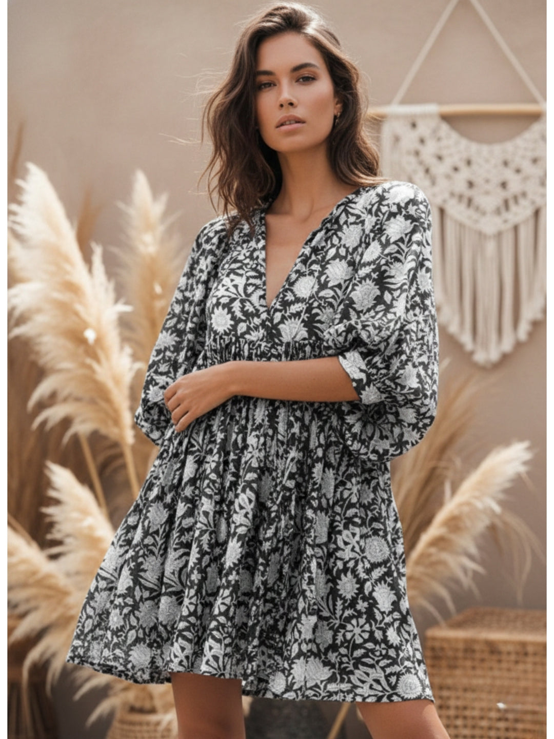 Black Balloon Sleeve Printed Dress