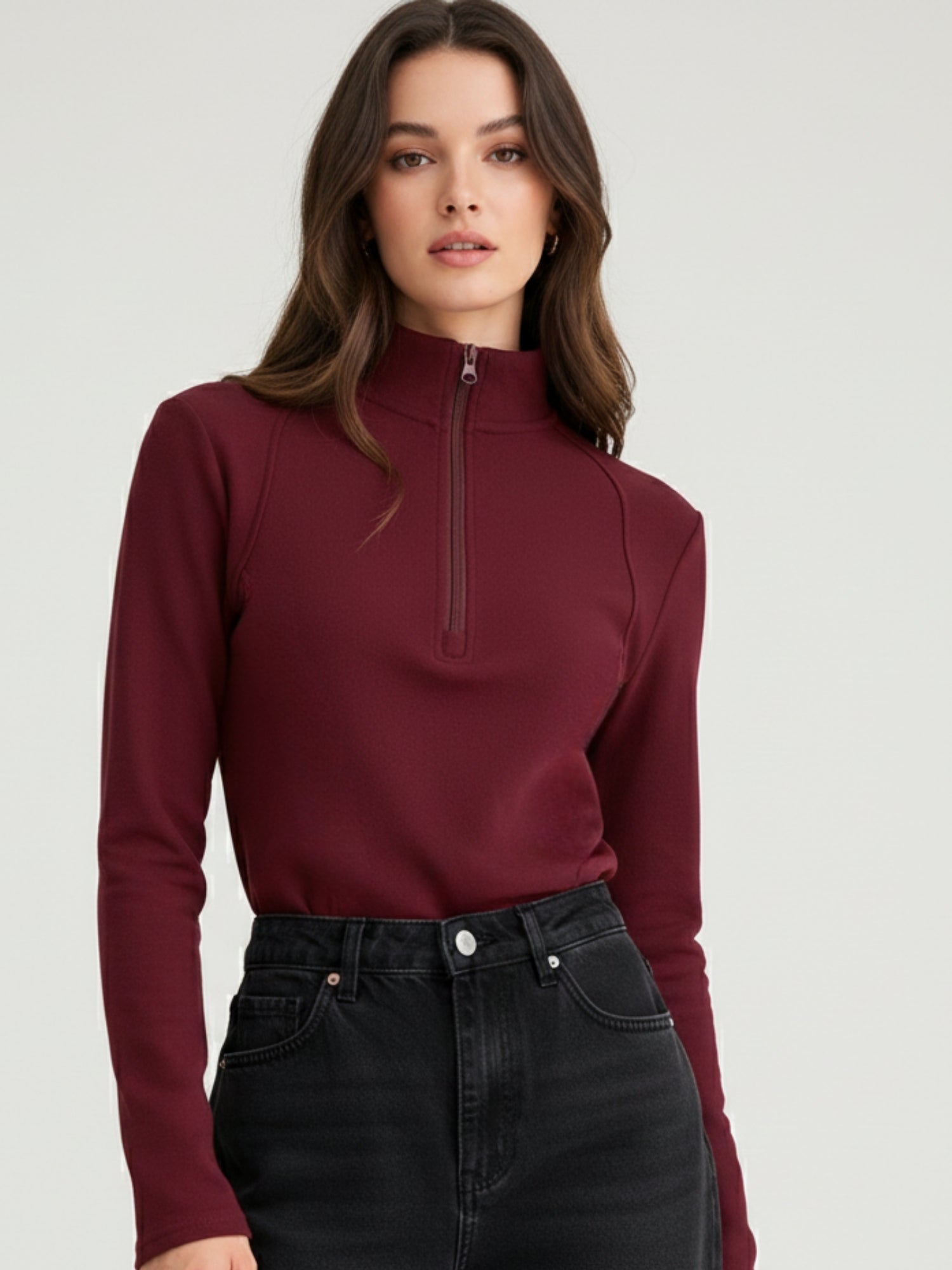 Burgundy Full Sleeves Half Zip Sweatshirt