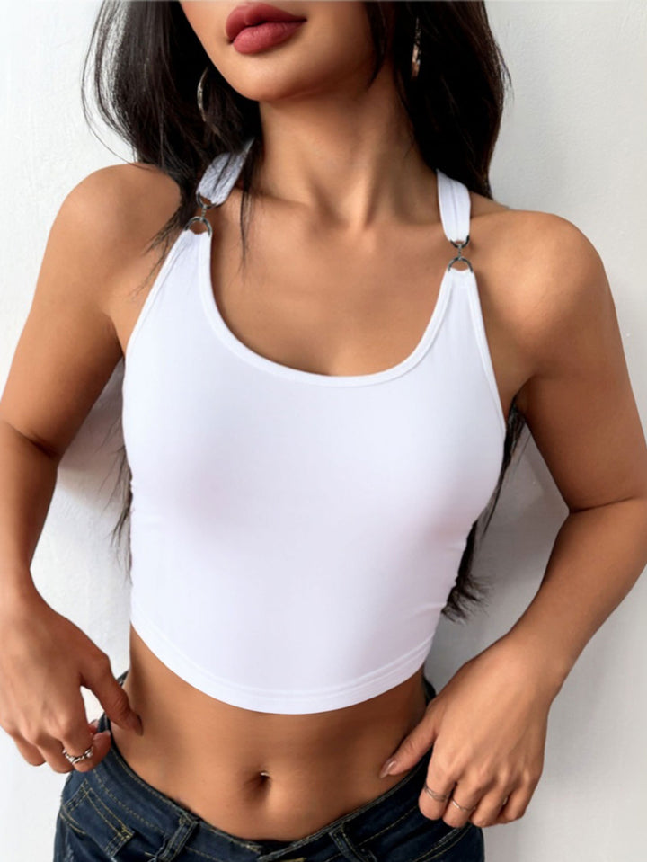 White Halter Neck Buckle Attached Top