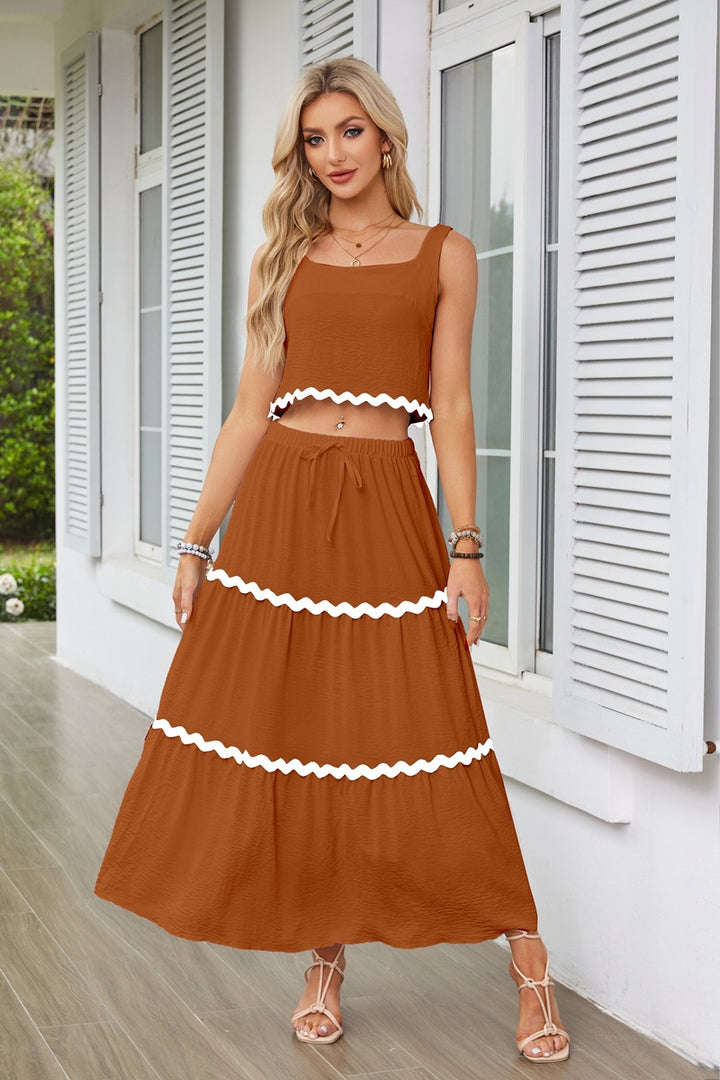 Tan Contrast Tipping Top And Skirt Co-Ord Set