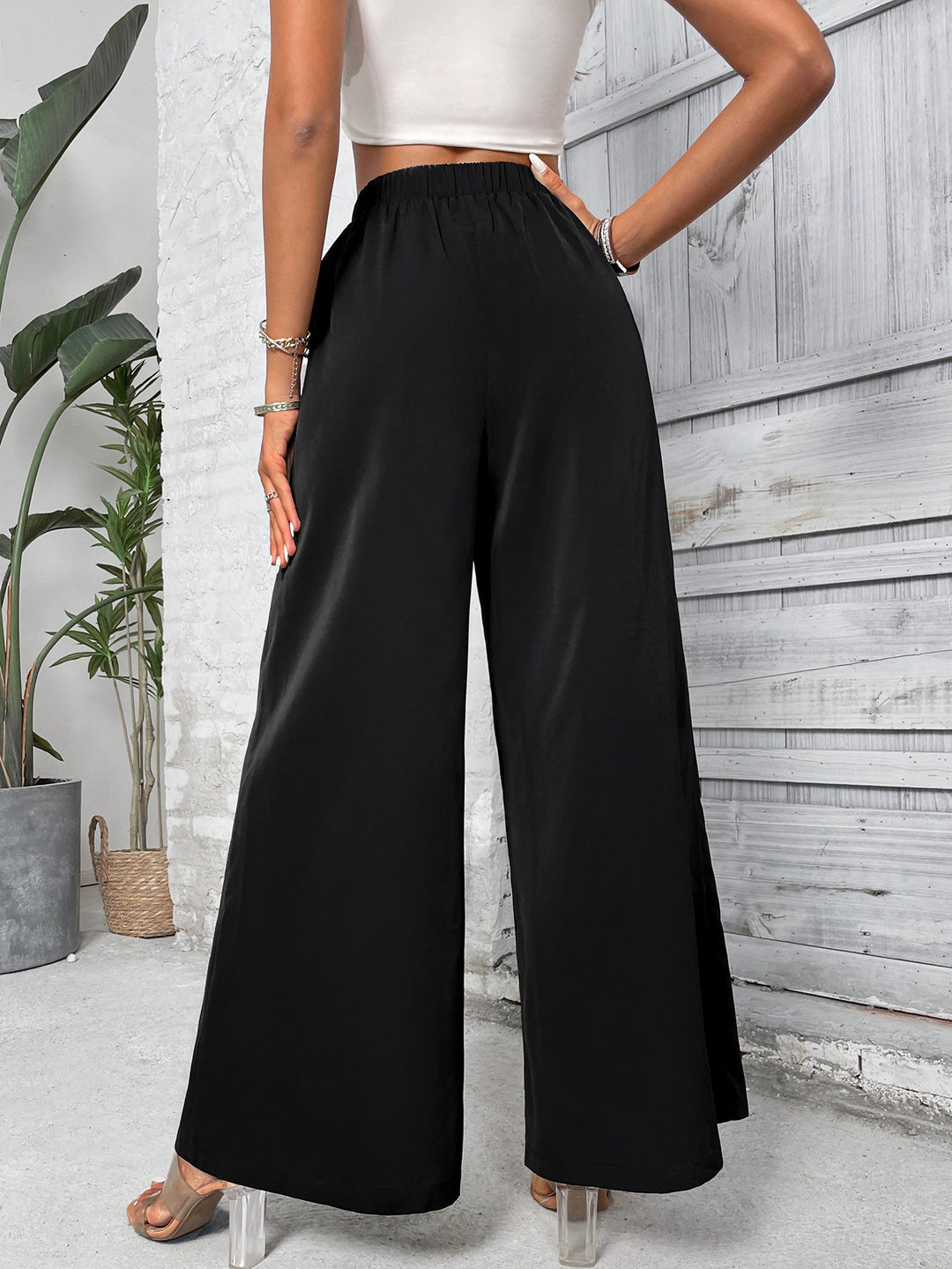 Black Wide Leg Trouser With Button Detailing At Waist