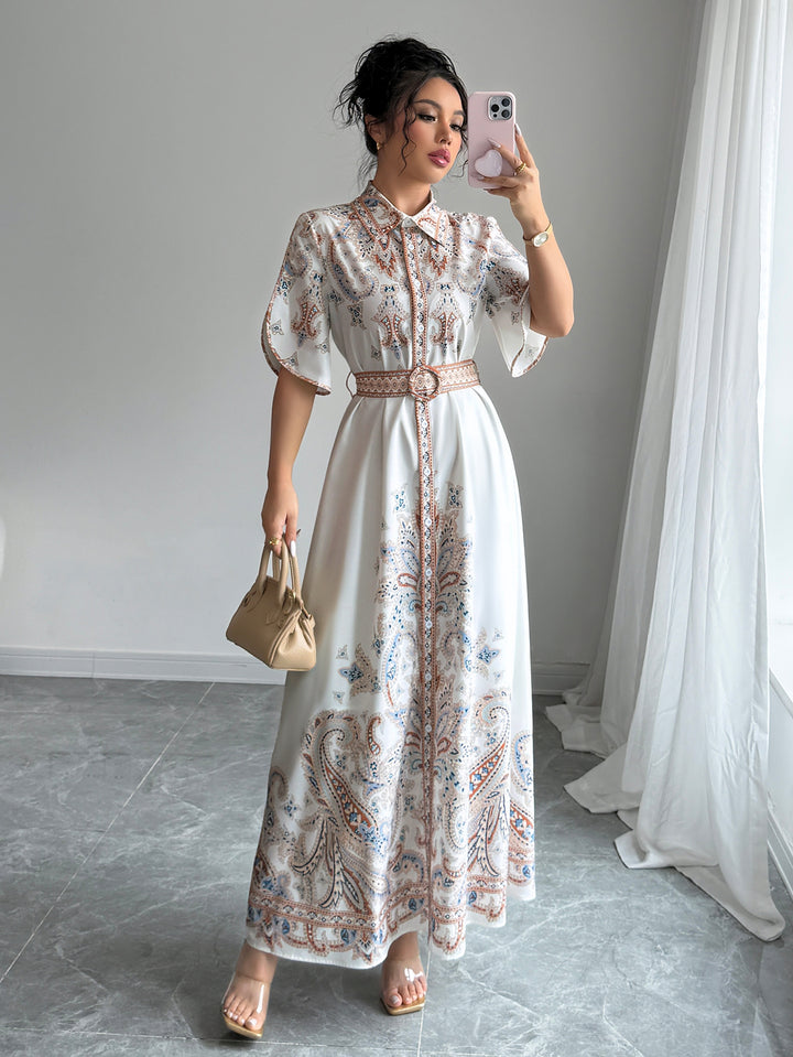White Button Down Printed Shirt Dress