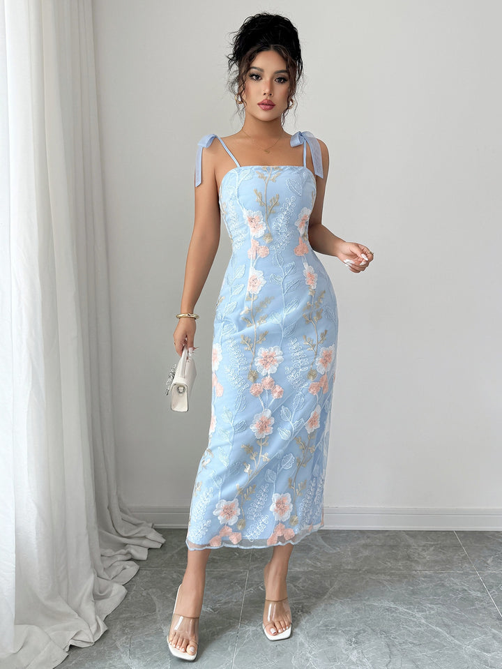 Blue Shoulder Tie Up Embroidered Dress