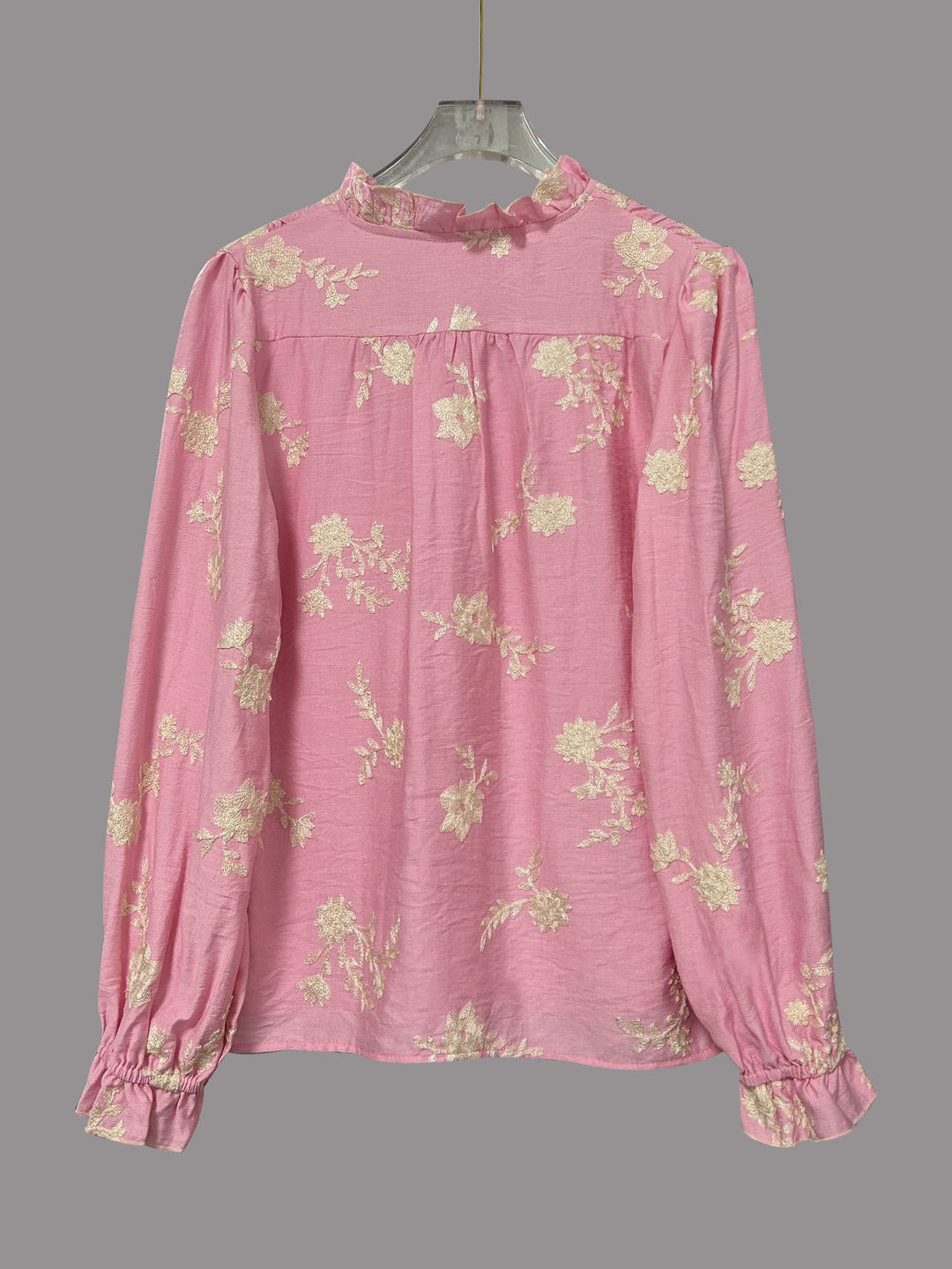Pink  Bishop Sleeve Front Buttoned Embroidered Top