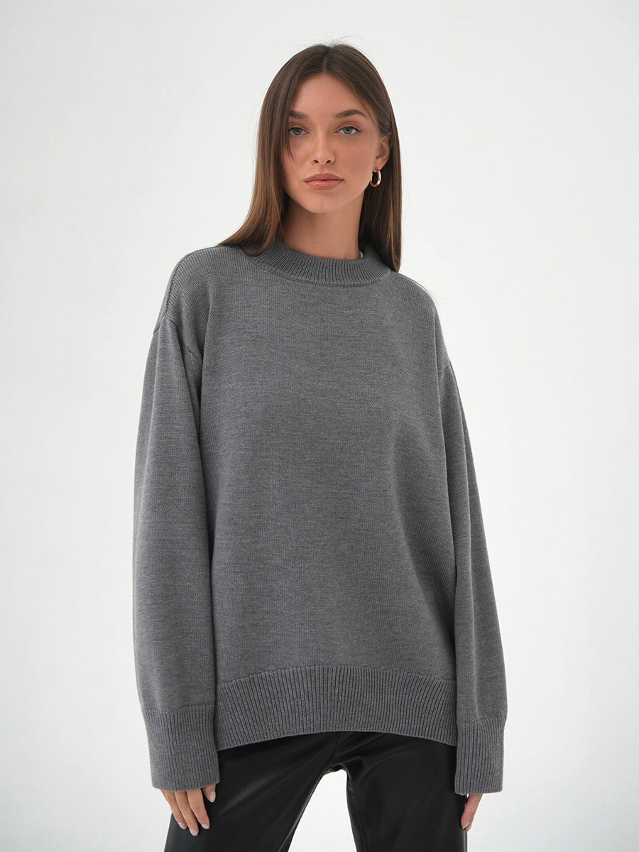 Grey Relaxed High Neck Solid Sweater