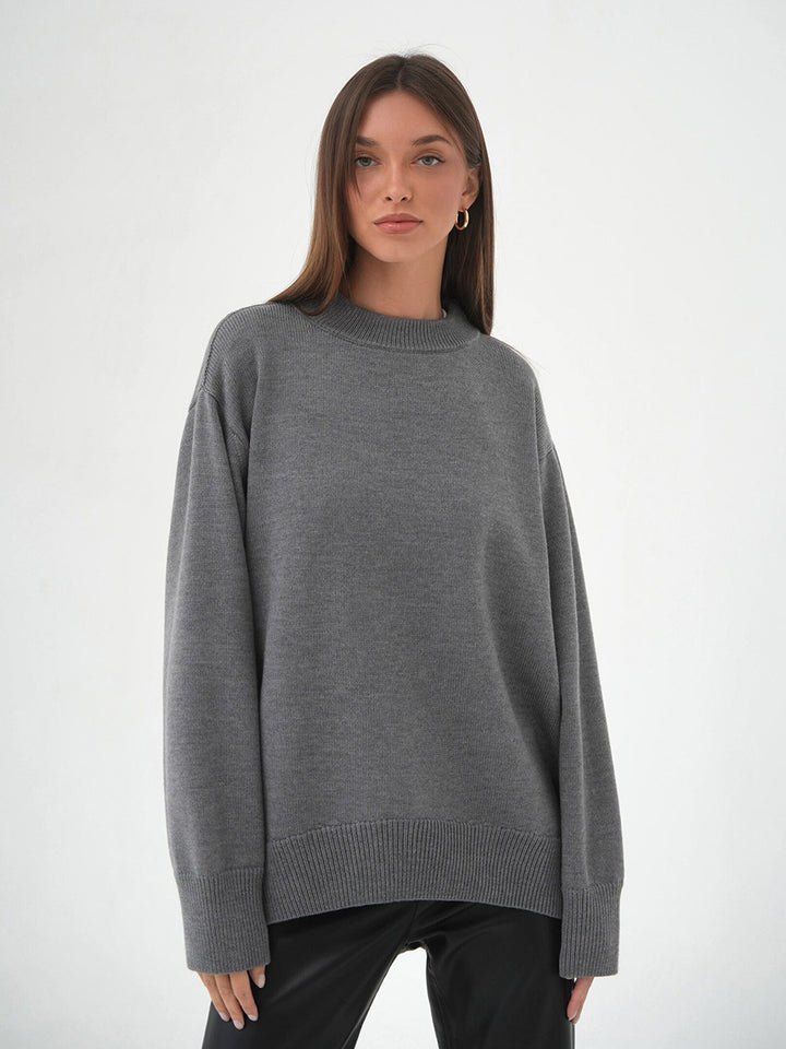 Grey Relaxed High Neck Solid Sweater