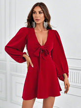 Red V Neck Tie Up Dress