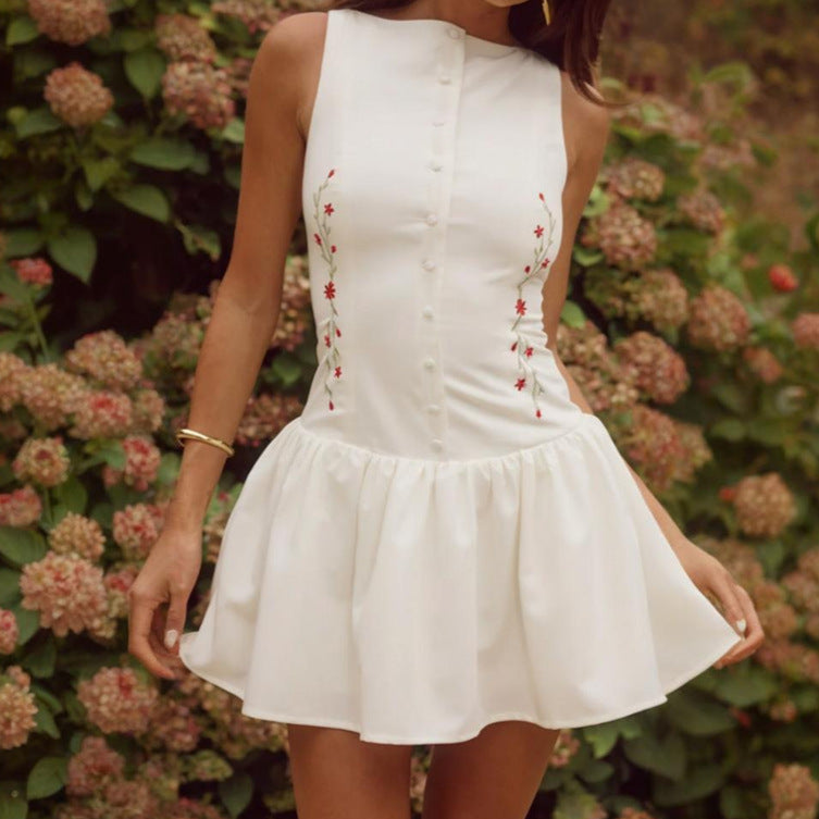 White Sleeveless Front Open Skater Dress