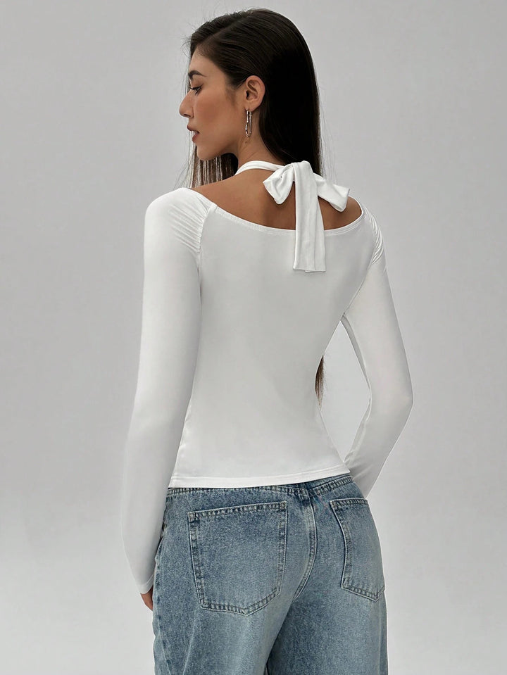 White Halter Neck Full Sleeve Top