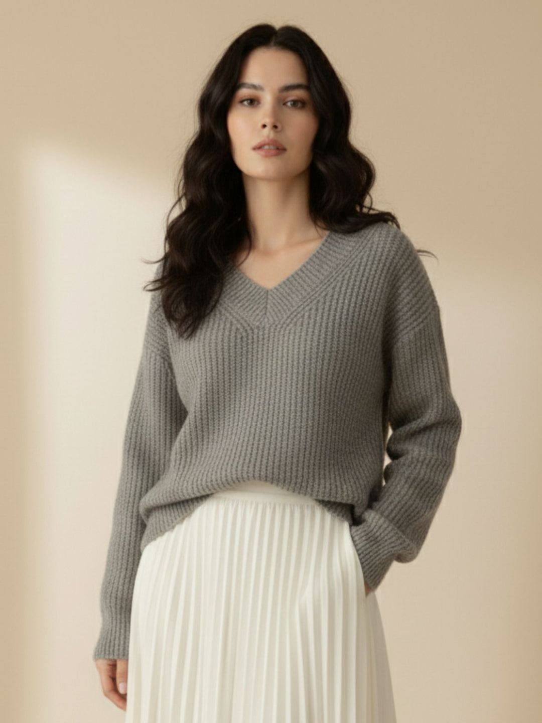 Grey Full Sleeve V Neck Sweater