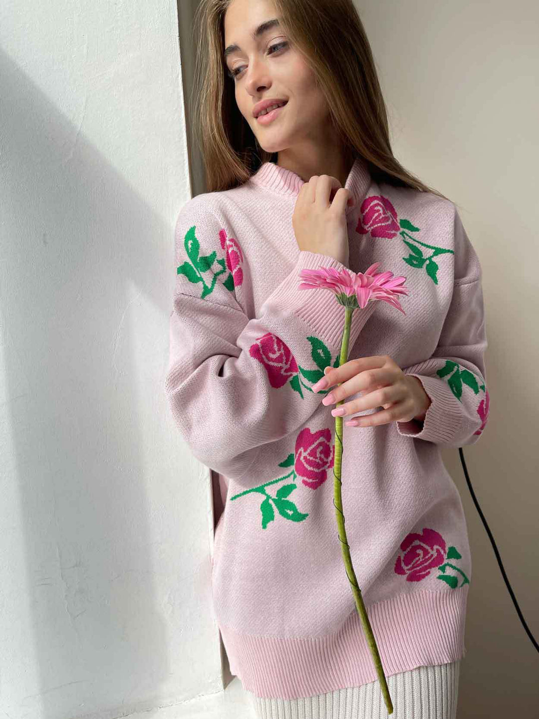 Pink Bold Floral Printed Sweater