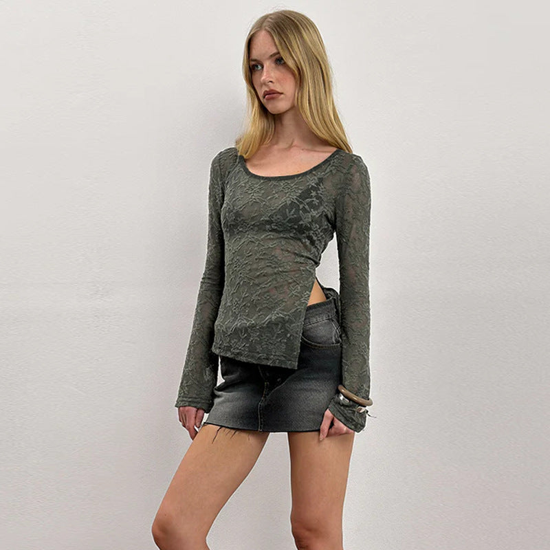 Olive Sheer lace scoop neck top