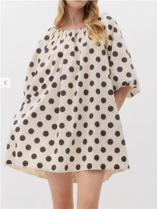 White Balloon Sleeve Printed Dress