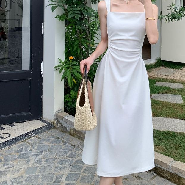 White Side Ruching Maxi Dress