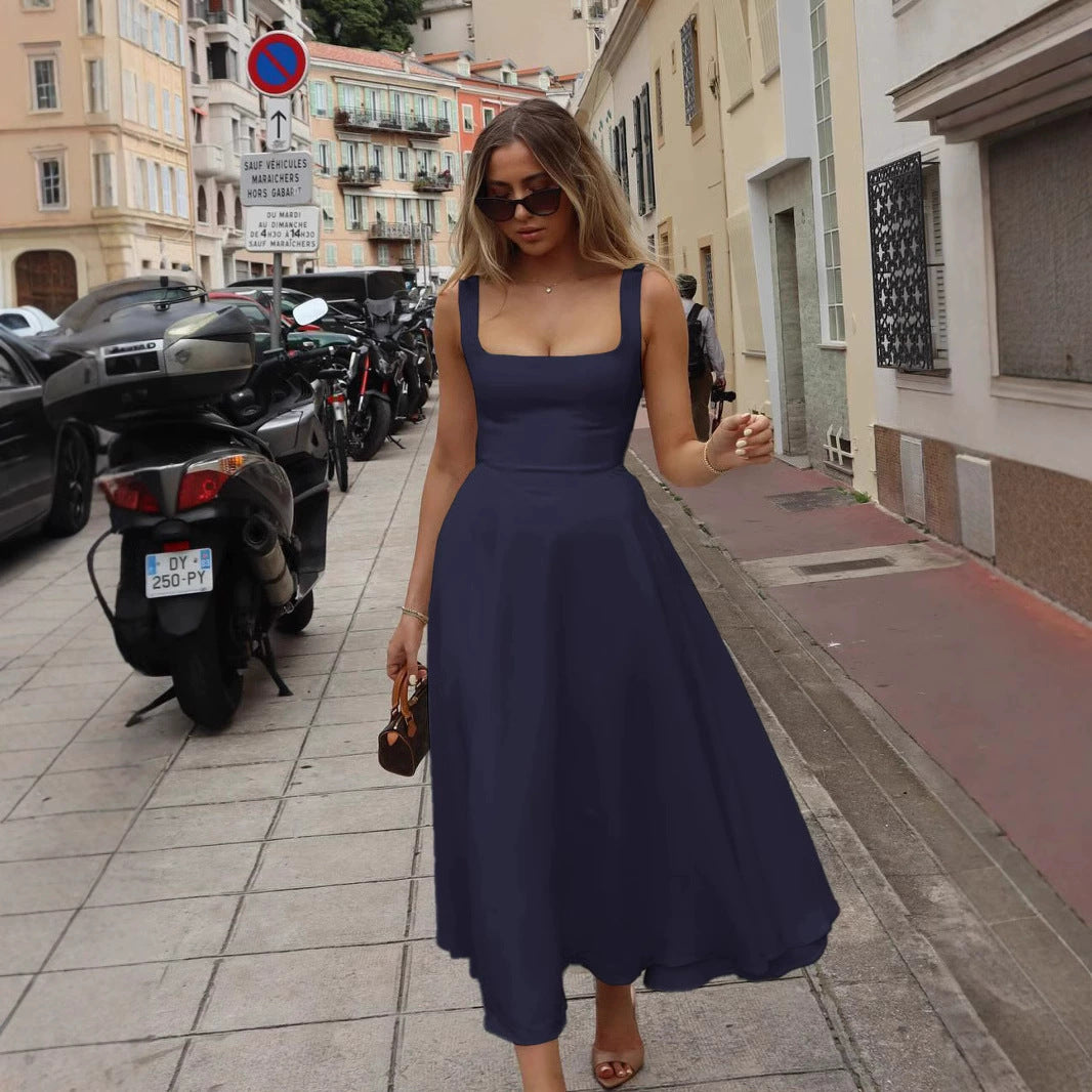 Blue Square Neck Flared Dress