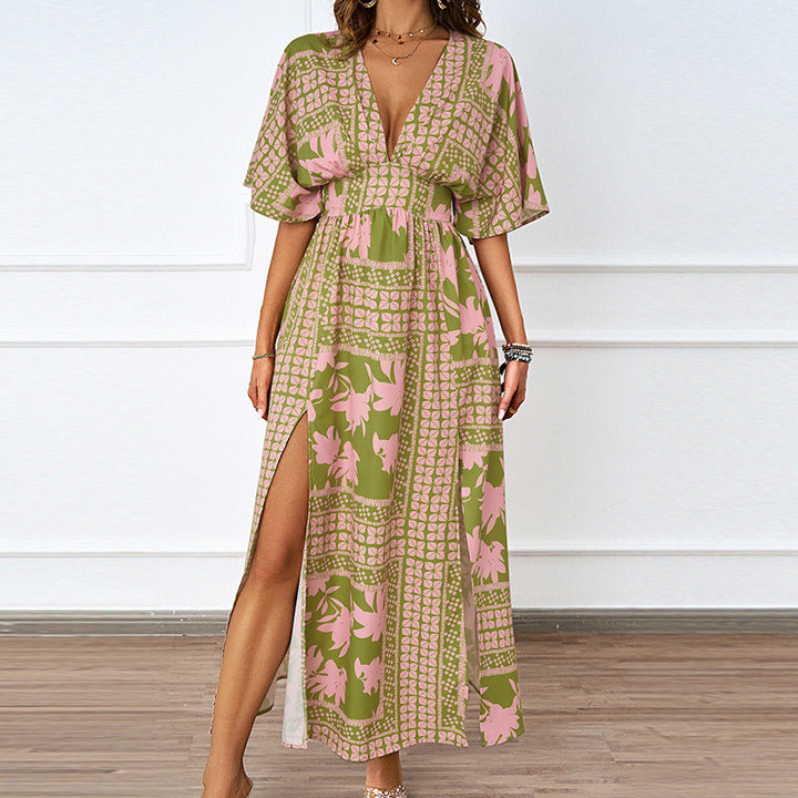 Multi Plunge Neck Side Slit Dress