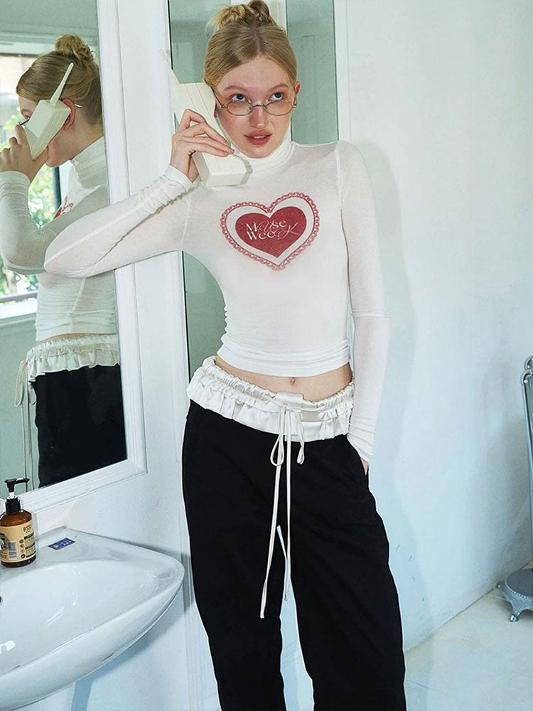 White Heart Graphic Print Fitted Top