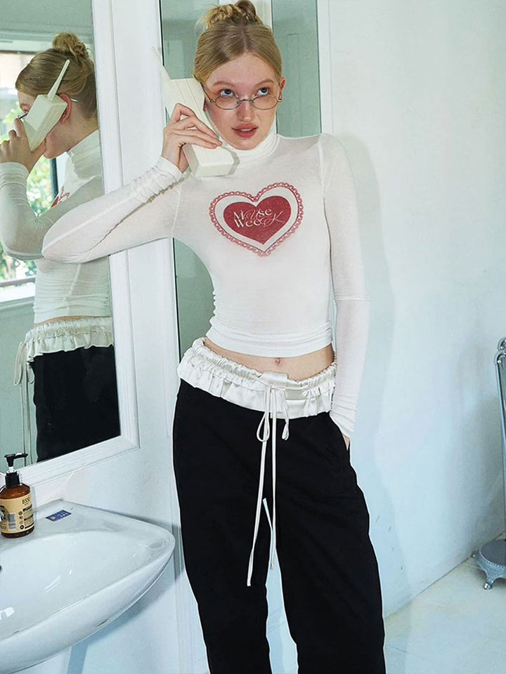 White Heart Graphic Print Fitted Top