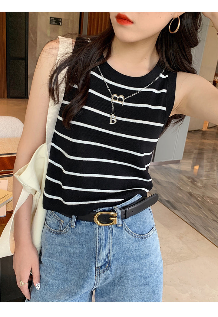 Black Sleeveless Basic Striped Tank Top