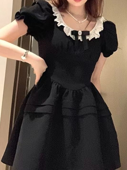 Black Puff Sleeve Mini Dress With Lace Detail