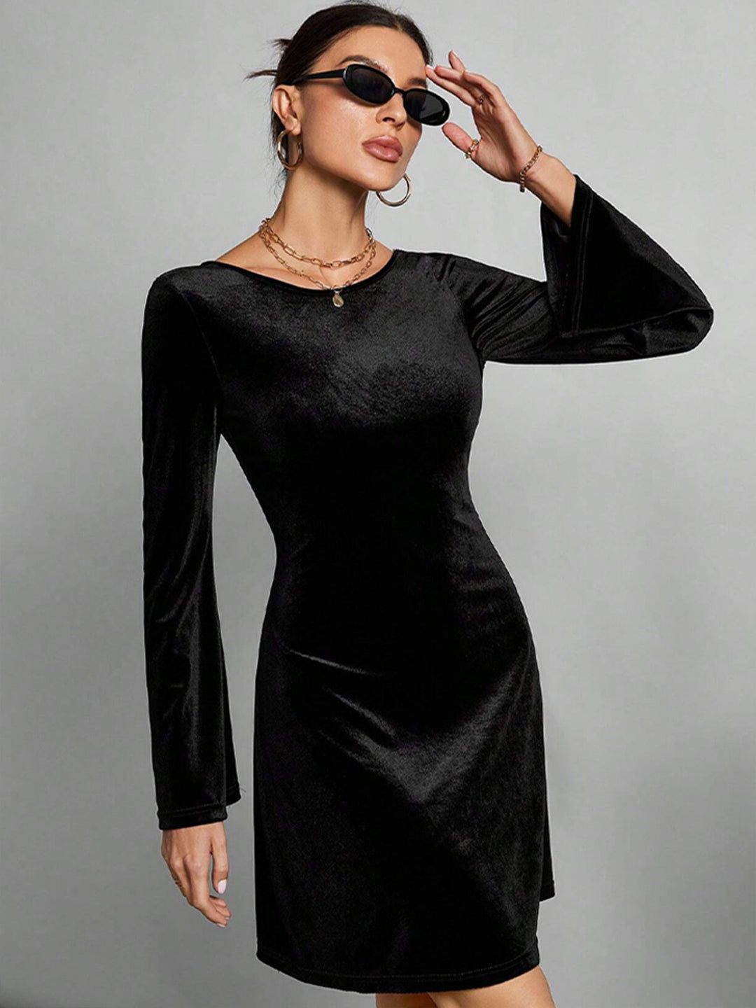 Black Solid Velour Skater Dress