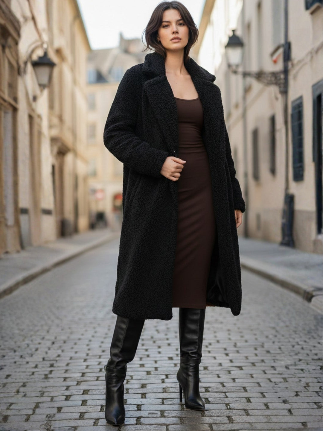 Black Teddy Fur Collared Coat
