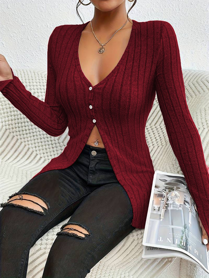 Wine Full Sleeved V-Neck Front Slit Top