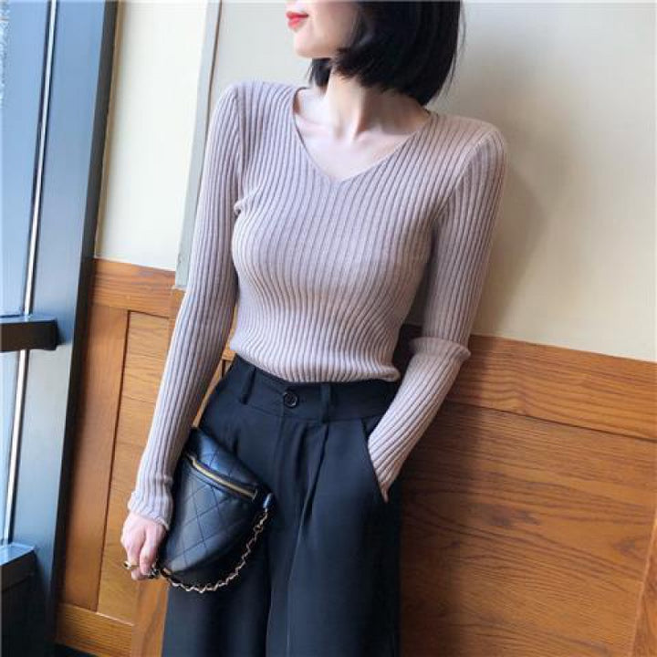 Taupe Full Sleeve V Neck Fitted Top