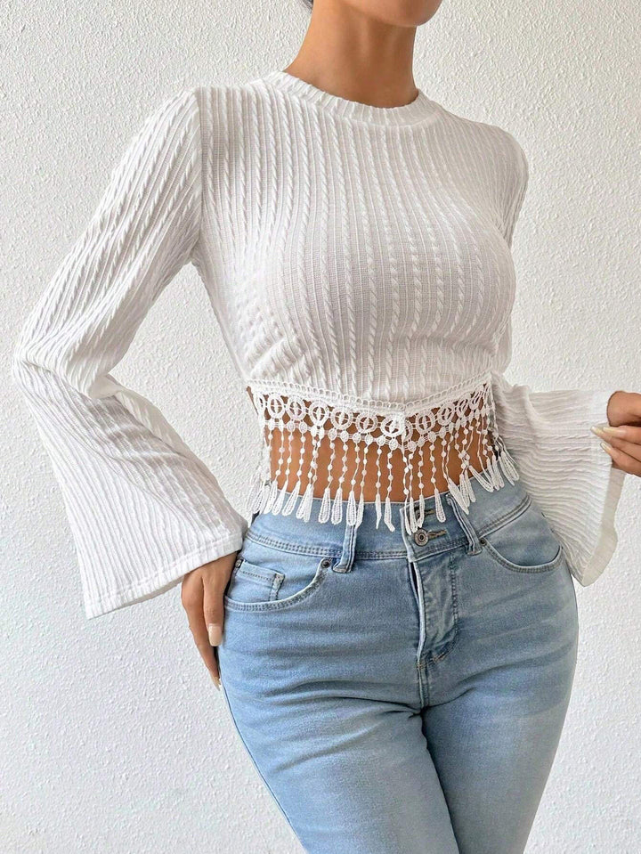 White Off Shoulder Bell Sleeve Asymmetrical Top