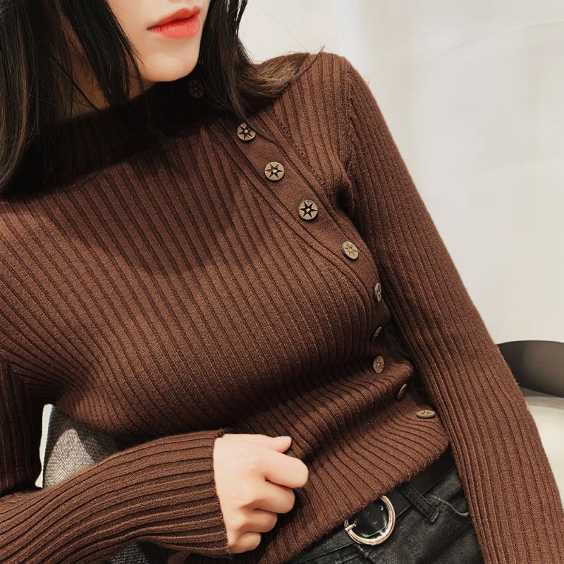 Brown Full Sleeve Button Trim Fitted Sweaters