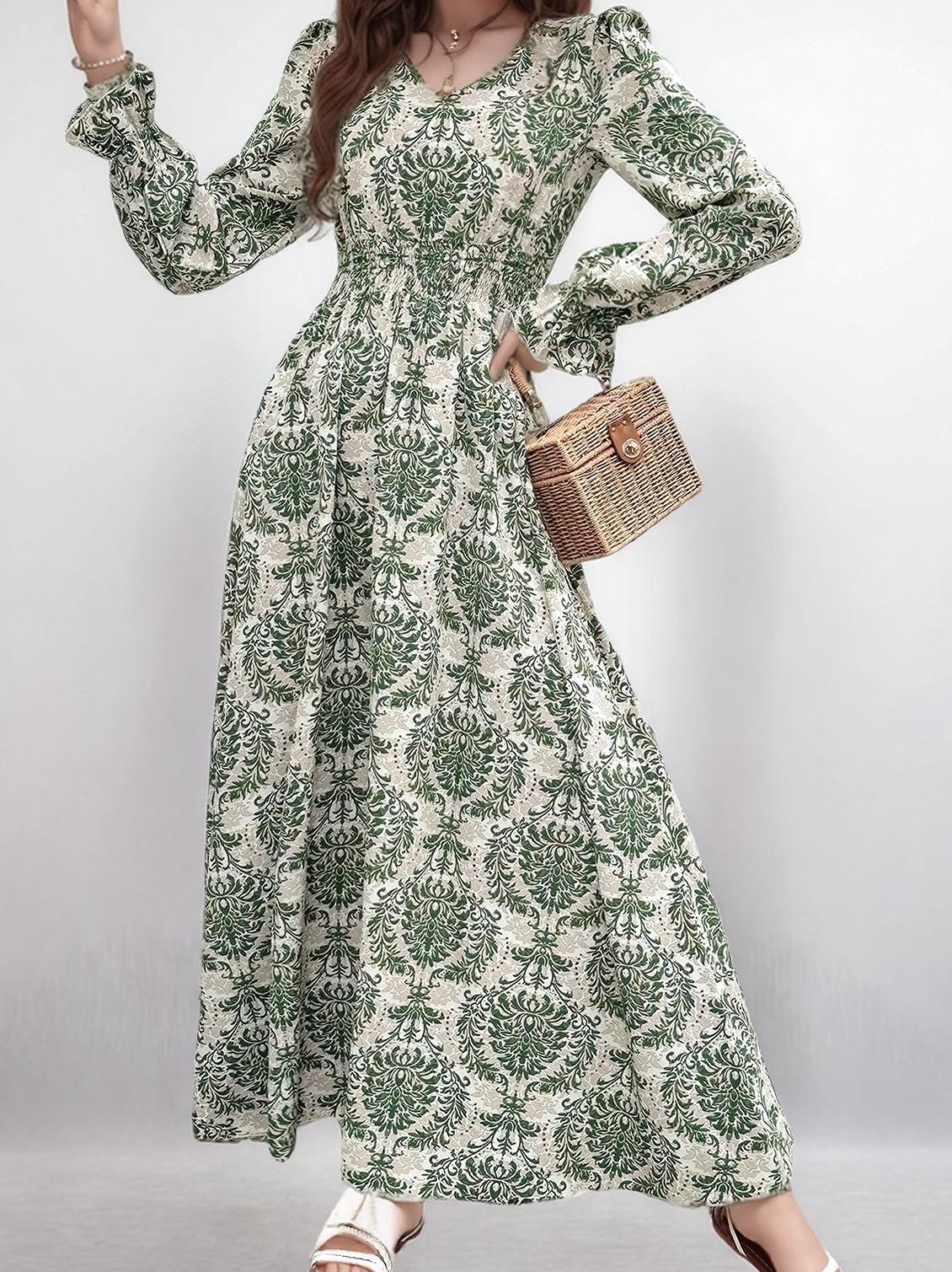 Green Bishop Sleeve V Neck Printed Dress