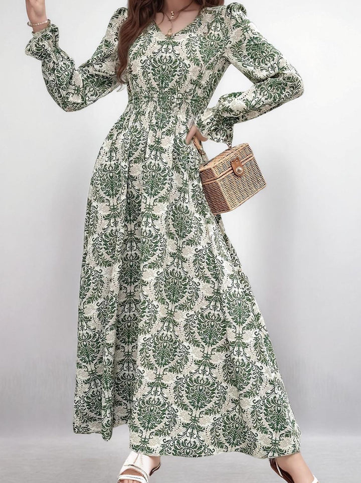 Green Bishop Sleeve V Neck Printed Dress