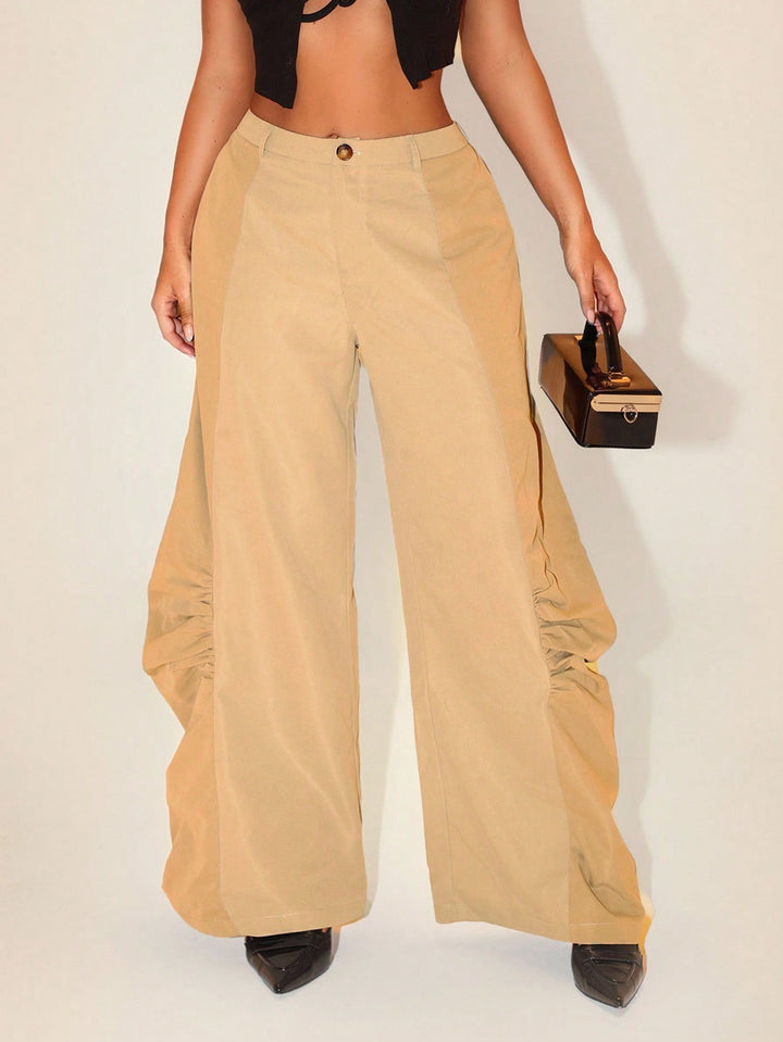 Beige High Waist Side Gathered Pant