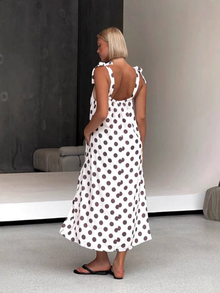 White Shoulder Tie-Up Polka Dot Dress