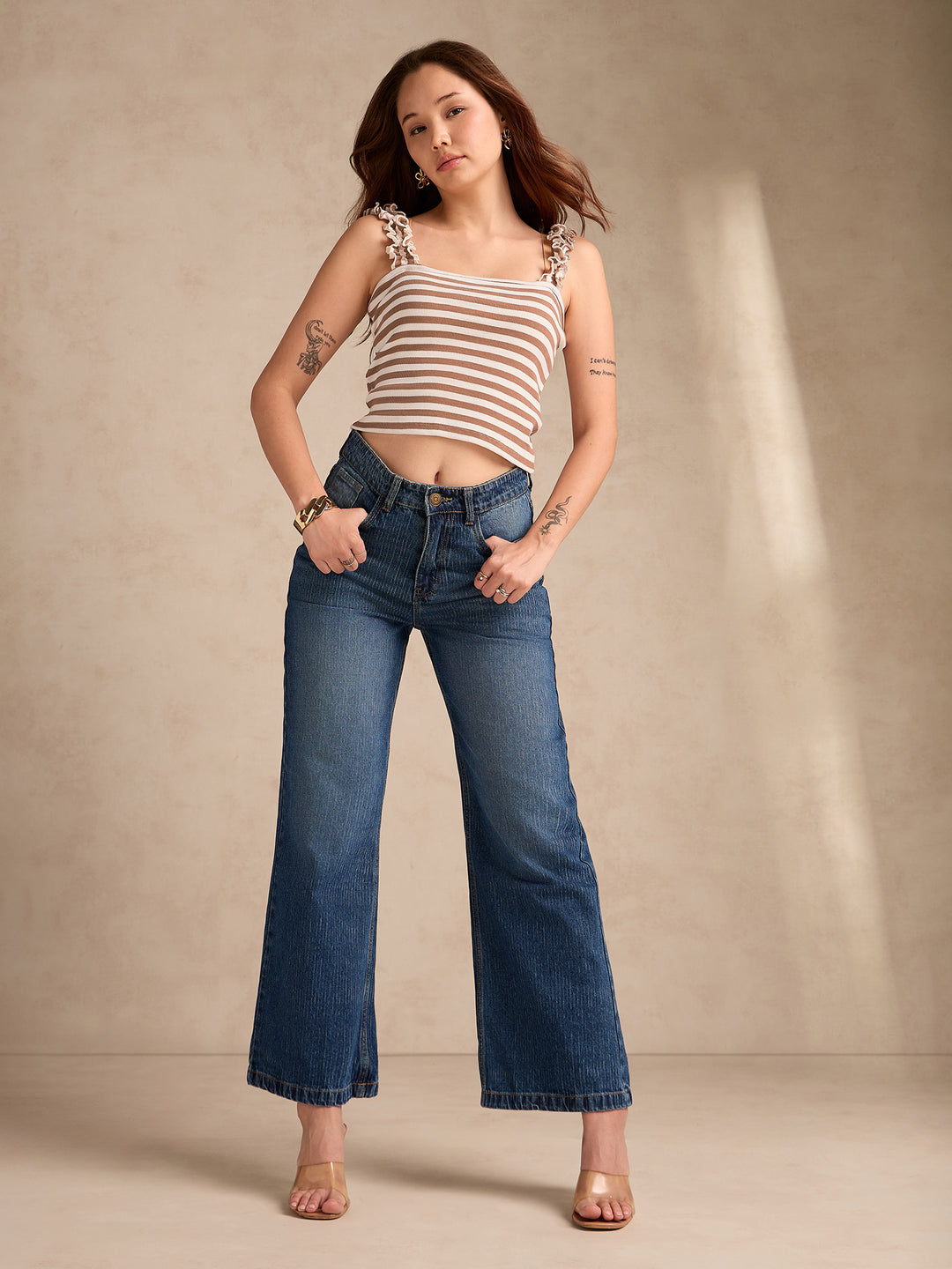 Brown Striped Rib Tank Top With Ruffle Straps