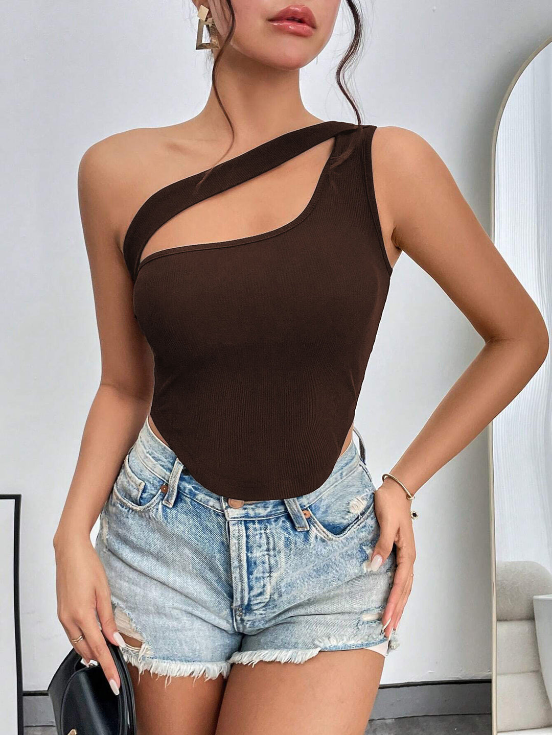 Brown One Off-Shoulder Cut-Out Top