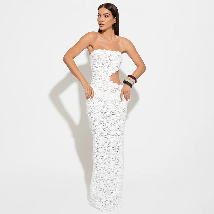 White Strapless Bodycon Gown With Cut Out