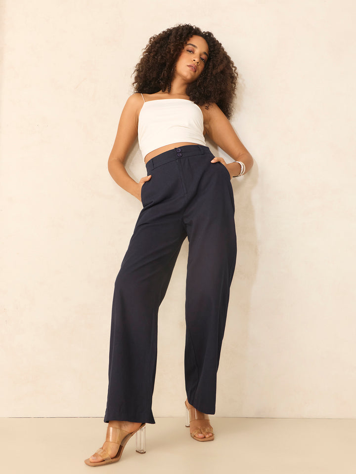 Navy Blue Tapered Fit High-Rise Trouser
