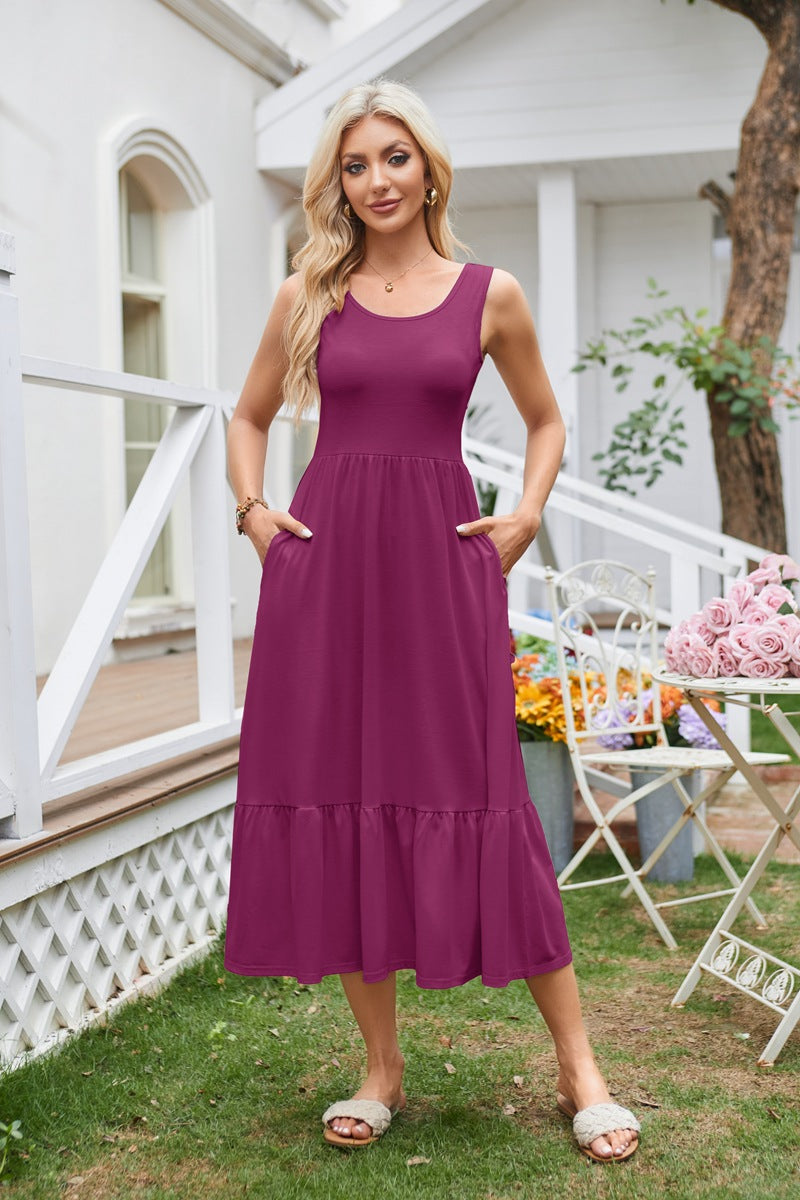 Magenta Sleeveless Tiered Dress With Pockets