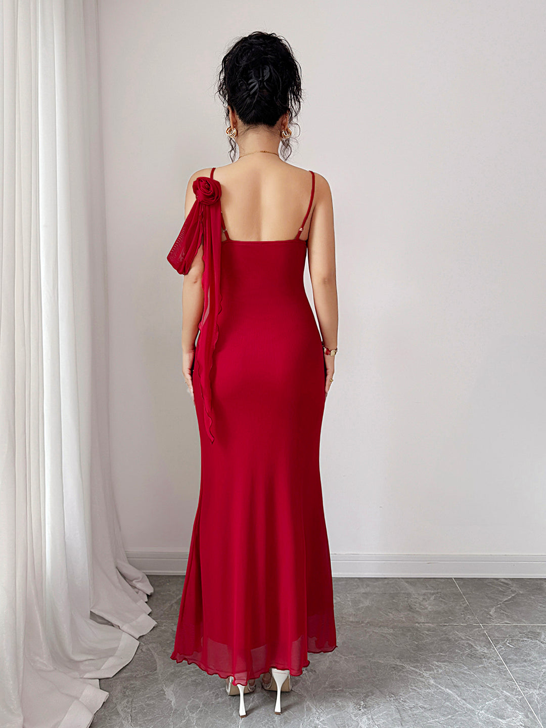 Red Spaghetti Strap Flower Detail Dress