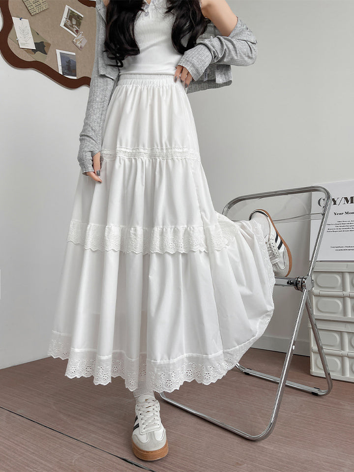 White A Line Midi Skirt With Lace Detail