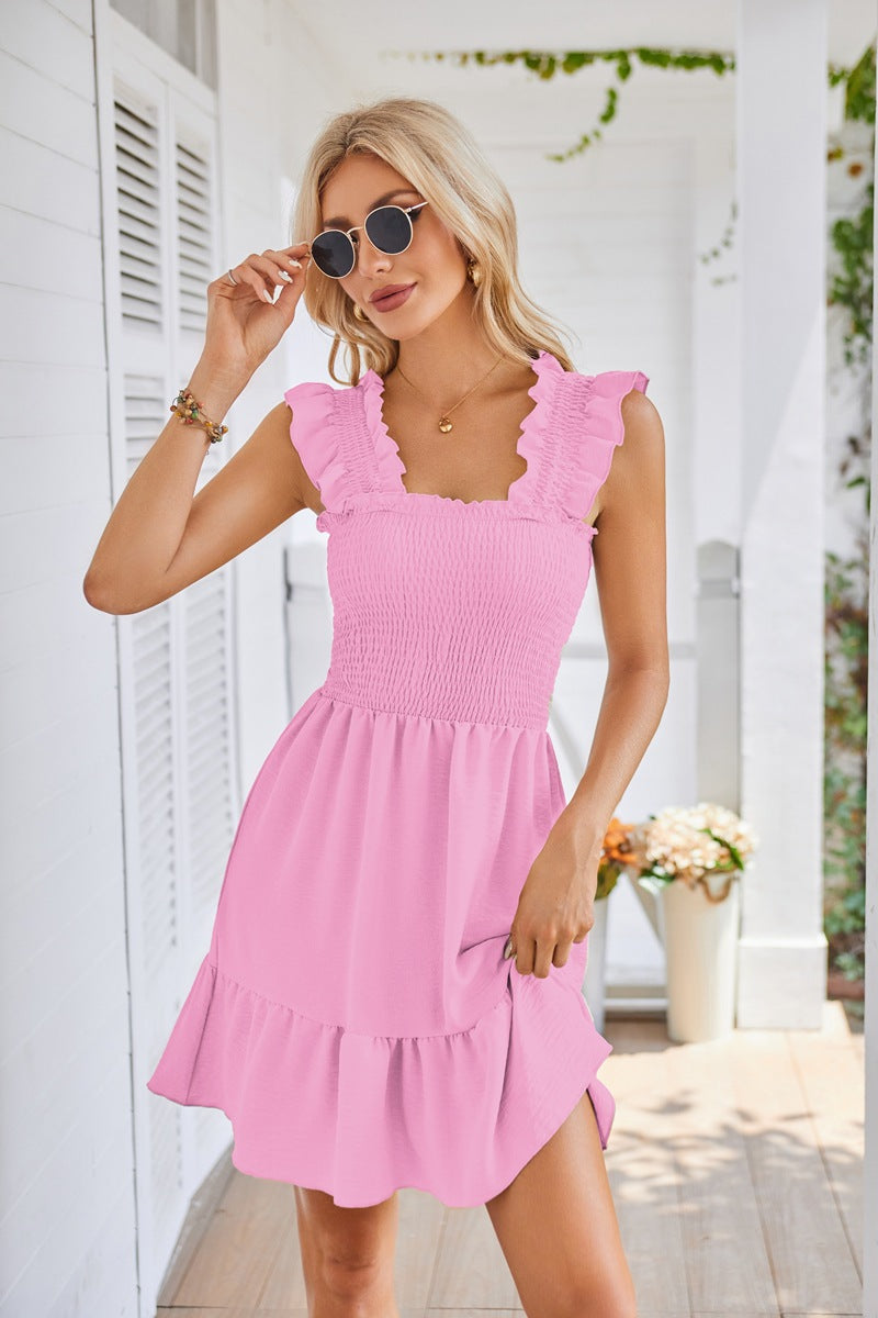 Pink Ruffled Sleeves Tiered Solid Dress