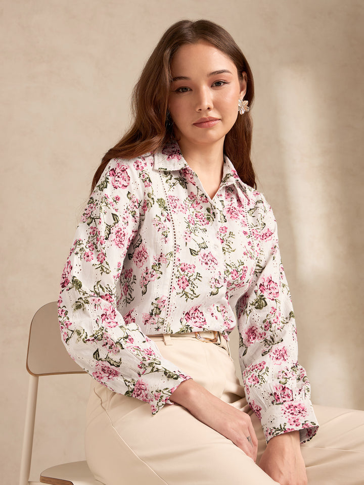 Multi Floral Printed Schiffli Long Sleeves Shirt